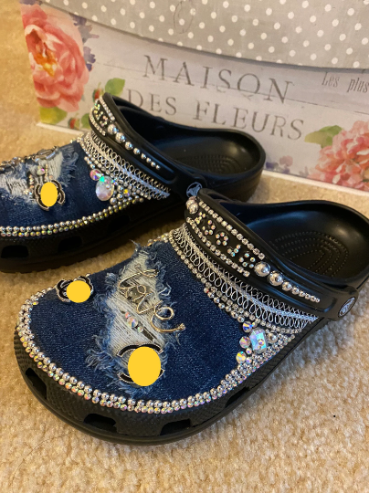 Custom Bling Luxury Jean Denim or fabric Croc Clogs Rhinestones