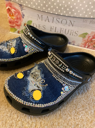 Custom Bling Luxury Jean - Denim or fabric Croc Clogs Rhinestones Pearls Zipper or Pouch - Various colors