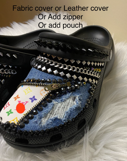 Custom Bling Luxury Jean Denim or fabric Croc Clogs Rhinestones Pearls Zipper or Pouch Various colors